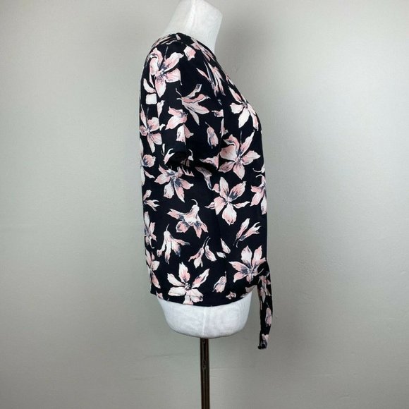 Madewell Silk Top S‎ Floral Button Back Tie Front Tee Sheer Black Pink - Picture 4 of 11
